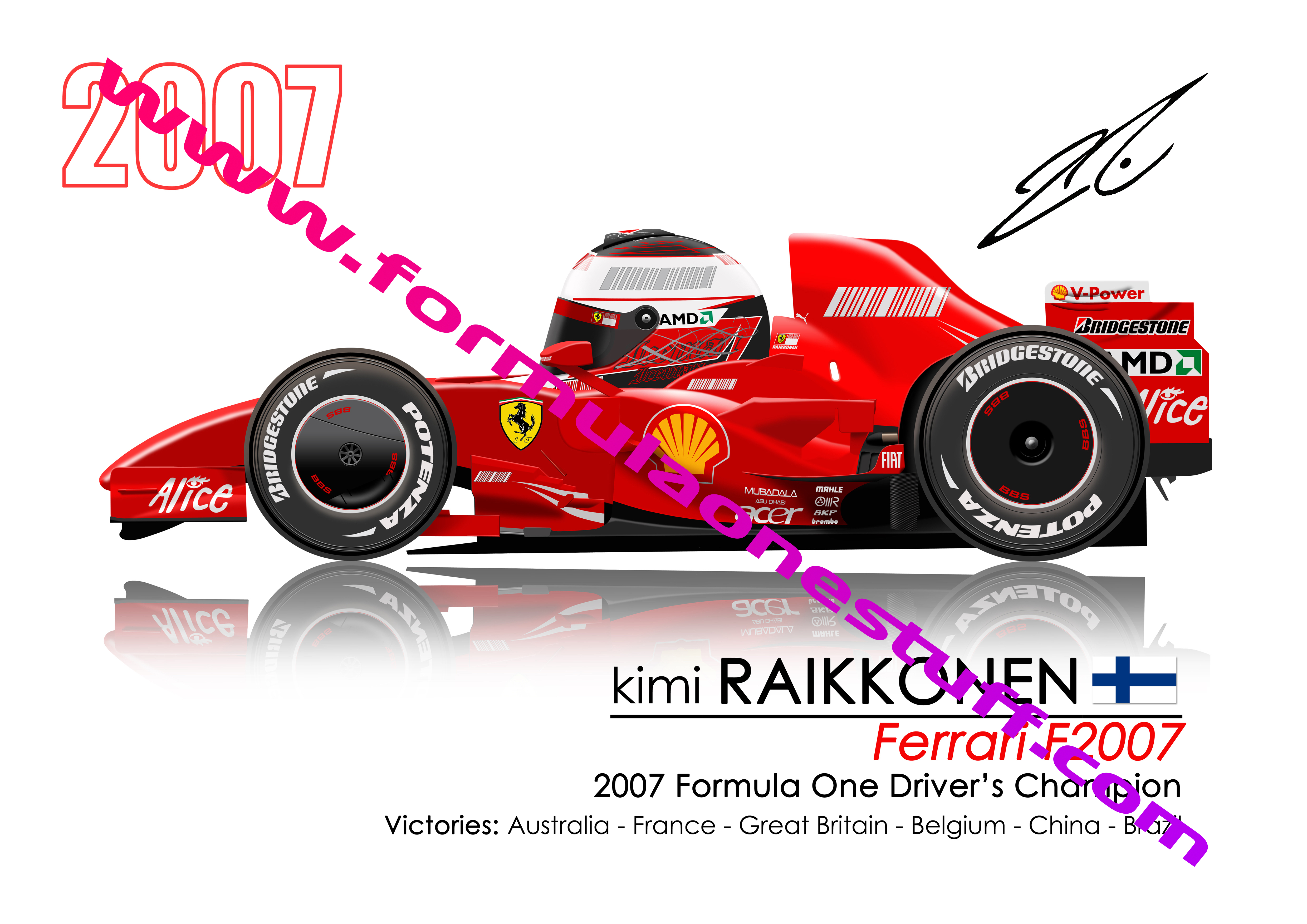 Signed TOONZ Ferrari Kimi Raikkonen 2007 F1 driver cartoon poster – limited edition A3 satin print